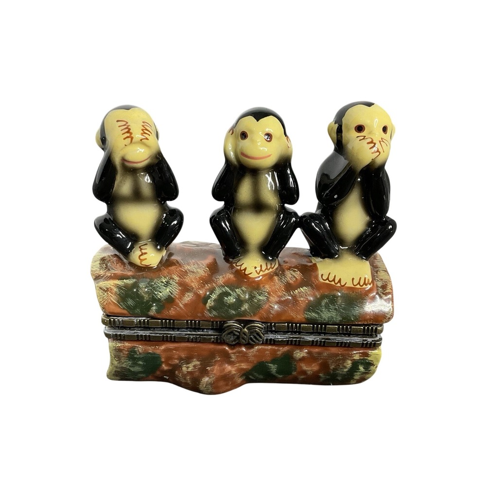 Monkey Trinket Box Hear See Speak No Evil- 3 Monkeys On Log has Banana!